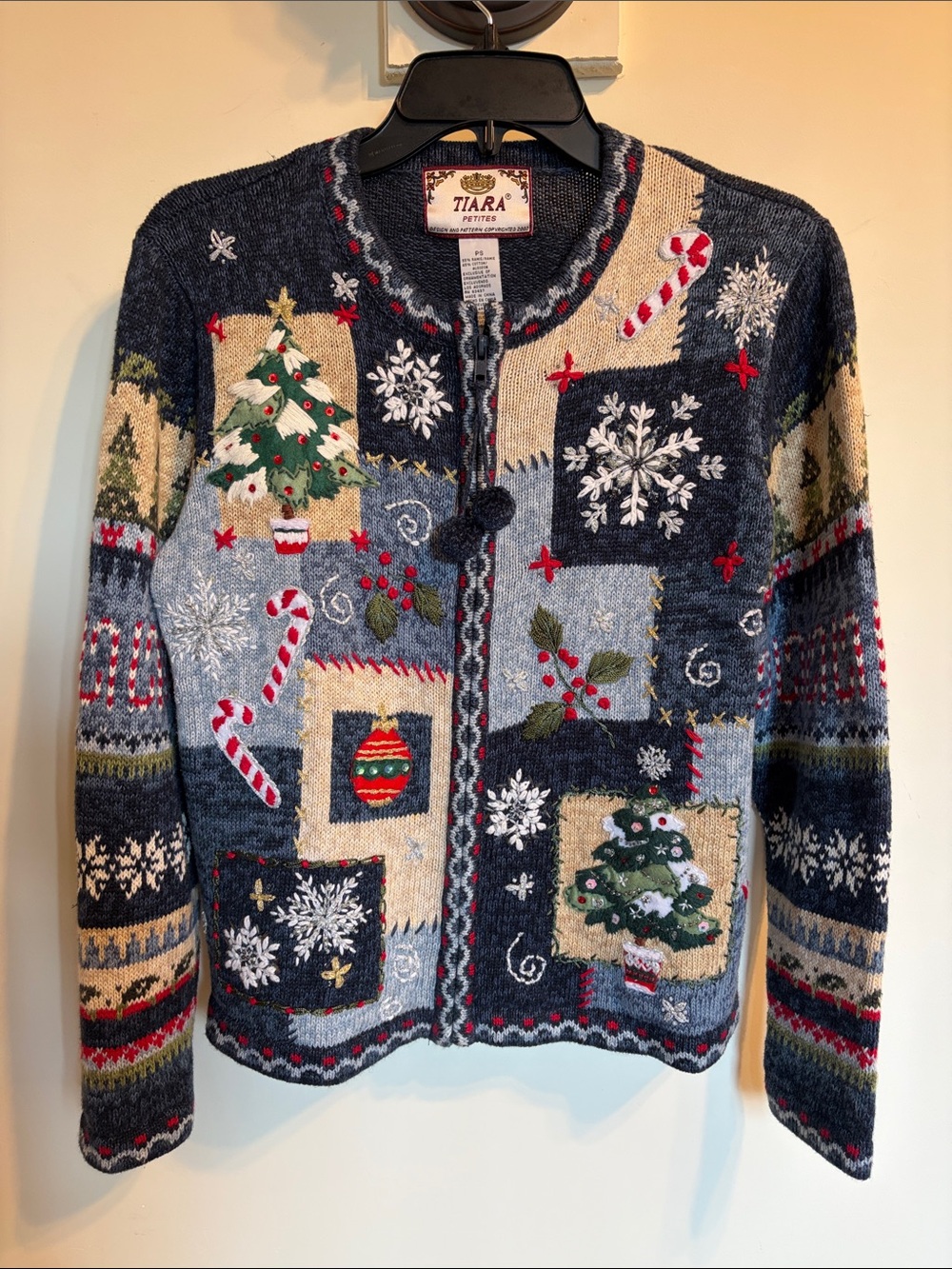 Tiara Petites 2002 Y2K Christmas Cardigan Sweater PS Patchwork Embellished